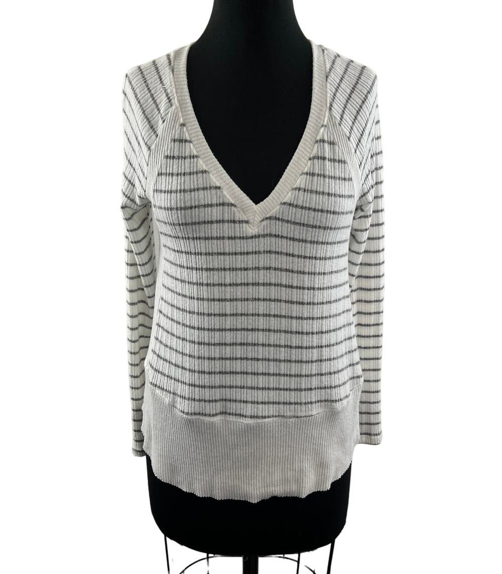Anthropologie ERI + ALI White Gray Stripe V-Neck Long Sleeve Pullover Sweater XS